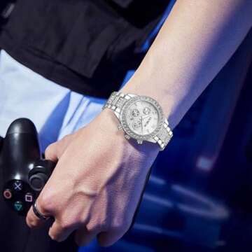 FANMIS Unisex Luxury Pave Floating Crystal Diamonds Calendar Quartz Watch with Stainless Steel Link Bracelet (C Silver)