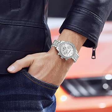 FANMIS Unisex Luxury Pave Floating Crystal Diamonds Calendar Quartz Watch with Stainless Steel Link Bracelet (C Silver)