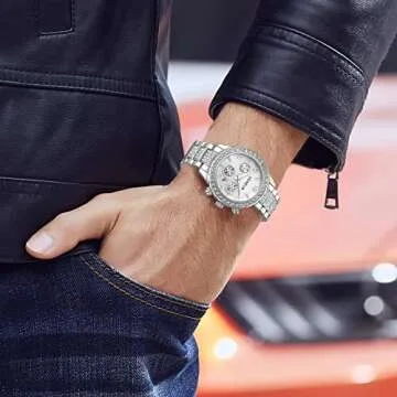 FANMIS Unisex Luxury Pave Floating Crystal Diamonds Calendar Quartz Watch with Stainless Steel Link Bracelet (C Silver)