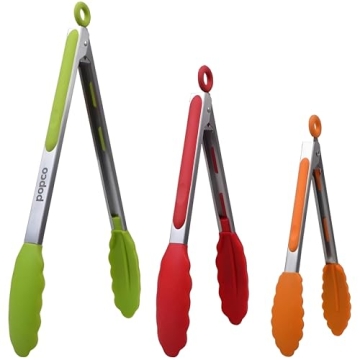 Popco Silicone Tongs for Cooking - Kitchen Tongs Set of 3 (7, 9, 12 inches) - Stainless Steel BBQ To...