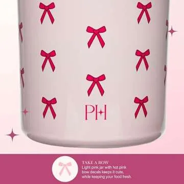 Paris Hilton Stainless Steel Food Jar, Double Wall Vacuum Sealed Insulated Food Storage Container with Carry Handle Lid, 12-Ounce, Pink with Bow Design