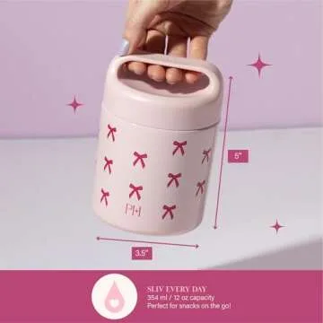 Paris Hilton Stainless Steel Food Jar, Double Wall Vacuum Sealed Insulated Food Storage Container with Carry Handle Lid, 12-Ounce, Pink with Bow Design