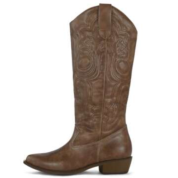 mysoft Women's Cowboy Boots Mid Calf Cowgirl Boots Embroidered Western Pointed Toe Chunky Heel Pull On Knee High Boots