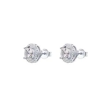 PAVOI 14K Gold Plated Sterling Silver Post Brilliant Round Faux Diamond Halo Earrings - Premium Cubic Zirconia in White Gold
