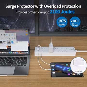 Extension Cord 25 Ft, NTONPOWER Long Surge Protector Power Strip with 12 Outlet 3 USB, 2100 Joules, 1875W/15A, Overload Protection, Flat Plug, Wall Mount for Home Office, Workbench, Garage, White