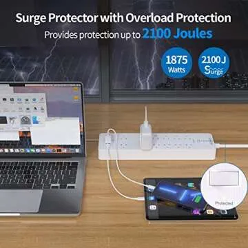 Extension Cord 25 Ft, NTONPOWER Long Surge Protector Power Strip with 12 Outlet 3 USB, 2100 Joules, 1875W/15A, Overload Protection, Flat Plug, Wall Mount for Home Office, Workbench, Garage, White