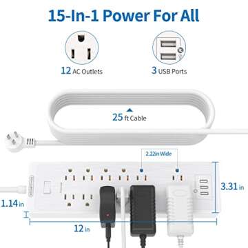 Extension Cord 25 Ft, NTONPOWER Long Surge Protector Power Strip with 12 Outlet 3 USB, 2100 Joules, 1875W/15A, Overload Protection, Flat Plug, Wall Mount for Home Office, Workbench, Garage, White