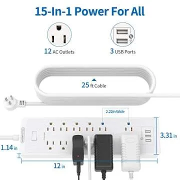 Extension Cord 25 Ft, NTONPOWER Long Surge Protector Power Strip with 12 Outlet 3 USB, 2100 Joules, 1875W/15A, Overload Protection, Flat Plug, Wall Mount for Home Office, Workbench, Garage, White
