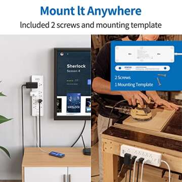 Extension Cord 25 Ft, NTONPOWER Long Surge Protector Power Strip with 12 Outlet 3 USB, 2100 Joules, 1875W/15A, Overload Protection, Flat Plug, Wall Mount for Home Office, Workbench, Garage, White