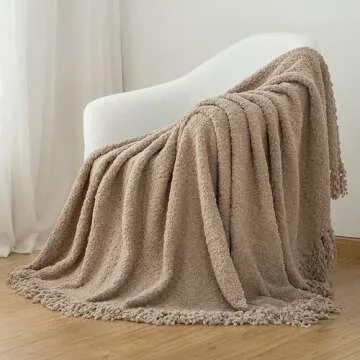 LONG CREATE Throw Blanket for Couch, Taupe Tan Luxury Knitted Throws 50"x60", Textured Blankets with Handmade Fringe Tassels for Bed Sofa Decorative, Chunky Soft Farmhouse Boho Home Decor
