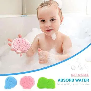 DANCELF Baby Bath Sponge, Natural Cute Shapes Soft Shower Sponges for Bathing, Bathtub Foam for Infants and Toddler, 3pcs : Blue Dolphin, Pink Shell, Green Turtle