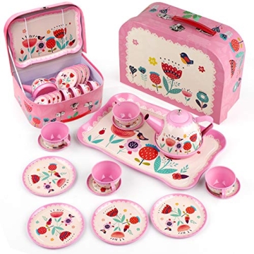 D-FantiX Kids Tea Set - 15Pcs Tin Tea Party Set for Toddler Playtime Fun