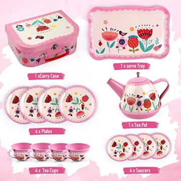 D-FantiX Kids Tea Set, 15-Pcs Pink Tin for Kids