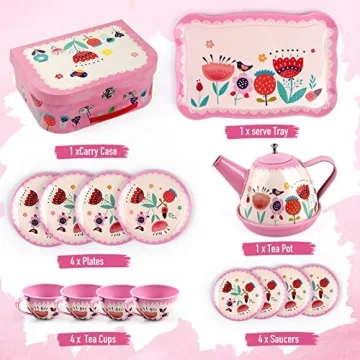 D-FantiX Kids Tea Set, 15-Pcs Pink Tin for Kids
