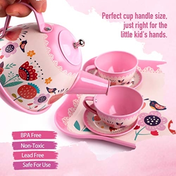 D-FantiX Kids Tea Set, 15-Pcs Pink Tin for Kids