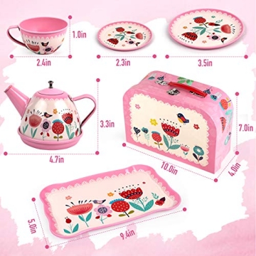D-FantiX Kids Tea Set, 15-Pcs Pink Tin for Kids