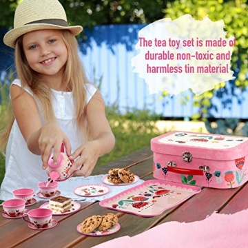 D-FantiX Kids Tea Set, 15-Pcs Pink Tin for Kids