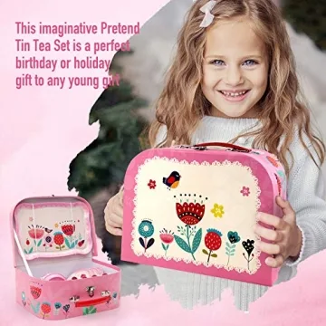 D-FantiX Kids Tea Set, 15-Pcs Pink Tin for Kids
