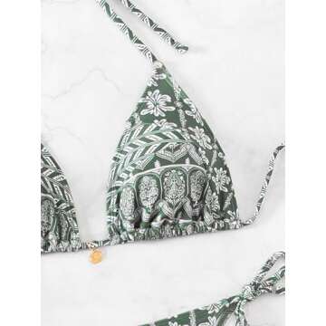 Memashore Sexy Bikini Set 2 Piece Swimsuit Cheeky Green Bathing Suits for Women Floral Printed Brazilian Thong Triangle Cute Bikinis Teen Girls Low Waisted Size M