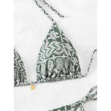 Memashore Sexy Bikini Set 2 Piece Swimsuit Cheeky Green Bathing Suits for Women Floral Printed Brazilian Thong Triangle Cute Bikinis Teen Girls Low Waisted Size M