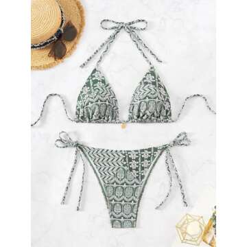 Memashore Sexy Bikini Set 2 Piece Swimsuit Cheeky Green Bathing Suits for Women Floral Printed Brazilian Thong Triangle Cute Bikinis Teen Girls Low Waisted Size M