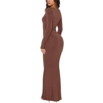 REORIA Women's Sexy Casual V Neck Long Sleeve Lounge Long Dress Elegant Fall Wedding Guest Tight Ribbed Bodycon Maxi Dresses Coffee Medium