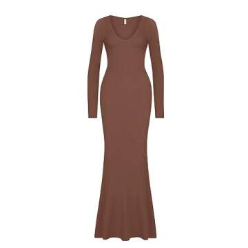REORIA Women's Sexy Casual V Neck Long Sleeve Lounge Long Dress Elegant Fall Wedding Guest Tight Ribbed Bodycon Maxi Dresses Coffee Medium