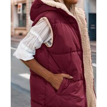BTFBM Fall Long Puffer Vest Women Sleeveless Hooded Reversible Fleece Sherpa Jacket Zip Up Winter Coat Outerwear Vests(Solid Wine Red, Small)