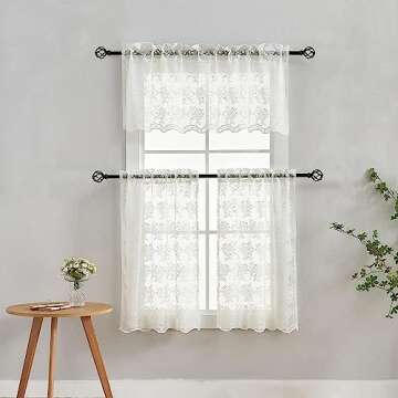 Lace Sheer Curtains 30 Inch Length 2 Panels Ivory Floral Small Window Curtains Ideas Farmhouse Privacy Cafe Tiers Curtains for Basement, Kitchen, Bathroom, Laundry Room Rod Pocket 26" x 30" Cream