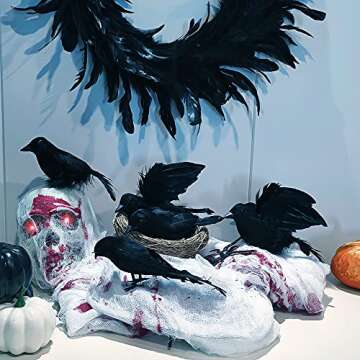 Darnassus 6PCS Halloween Crows Black Realistic Crows Artificial Feathered Raven Prop with Bird's Nest for Halloween Decor Birds