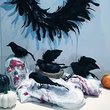 Darnassus 6PCS Halloween Crows Black Realistic Crows Artificial Feathered Raven Prop with Bird's Nest for Halloween Decor Birds
