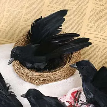 Darnassus 6PCS Halloween Crows Black Realistic Crows Artificial Feathered Raven Prop with Bird's Nest for Halloween Decor Birds