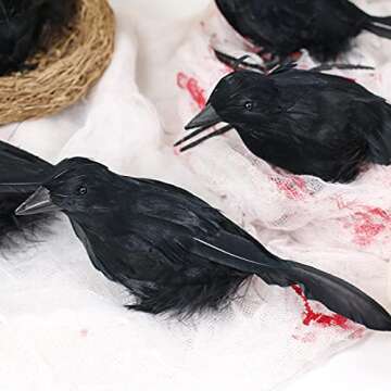 Darnassus 6PCS Halloween Crows Black Realistic Crows Artificial Feathered Raven Prop with Bird's Nest for Halloween Decor Birds