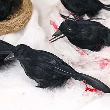 Darnassus 6PCS Halloween Crows Black Realistic Crows Artificial Feathered Raven Prop with Bird's Nest for Halloween Decor Birds