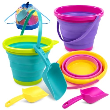 JOYIN Foldable Beach Bucket Set - 3 Packs Collapsible Toy Buckets with Shovels and Mesh Backpack for...