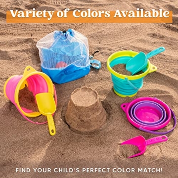 JOYIN Foldable Beach Bucket Set - 3 Packs Collapsible Toy Buckets with Shovels and Mesh Backpack for Kids Toddlers Party, Camping Gear, Travelling, Fishing Water Pail (Pink/Purple/Green)