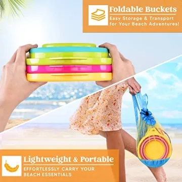 JOYIN Foldable Beach Bucket Set - 3 Packs Collapsible Toy Buckets with Shovels and Mesh Backpack for Kids Toddlers Party, Camping Gear, Travelling, Fishing Water Pail (Pink/Purple/Green)