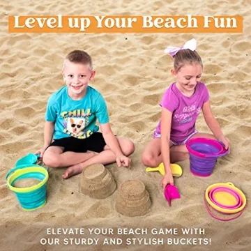 JOYIN Foldable Beach Bucket Set - 3 Packs Collapsible Toy Buckets with Shovels and Mesh Backpack for Kids Toddlers Party, Camping Gear, Travelling, Fishing Water Pail (Pink/Purple/Green)