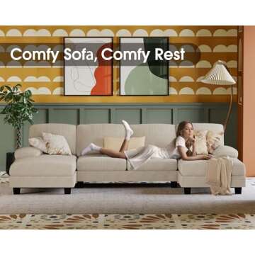 Furmax Sectional Couches for Living Room, U-Shaped Sofa Couch with Linen Fabric, 4 Seat Sofa Set with Double Chaise for Apartment (Corduroy, Beige)