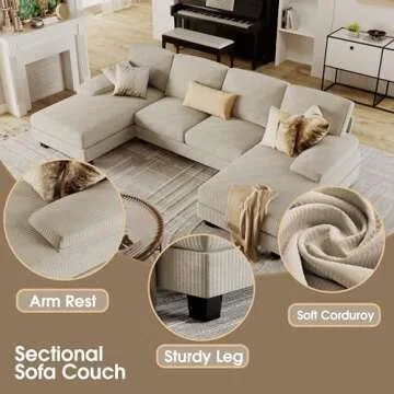 Furmax Sectional Couches for Living Room, U-Shaped Sofa Couch with Linen Fabric, 4 Seat Sofa Set with Double Chaise for Apartment (Corduroy, Beige)