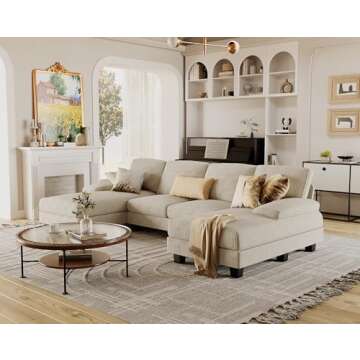 Furmax Sectional Couches for Living Room, U-Shaped Sofa Couch with Linen Fabric, 4 Seat Sofa Set with Double Chaise for Apartment (Corduroy, Beige)