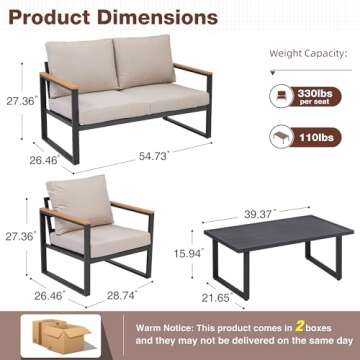 COMLAX FIELD Patio Furniture Set, 4 Pieces Outdoor Patio Furniture with Coffee Table Set, Metal Pati...