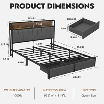 CIKUNASI Queen Size Bed Frame with Headboard and Storage, Drawers Platform Bed Frame with Storage Ch...