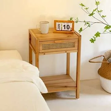 COZAYH Set of 2 Modern Minimalism Nightstand End Table Side Table with Woven Pattern Drawer and Shelf Storage, Rustic Farmhouse Style, Natural
