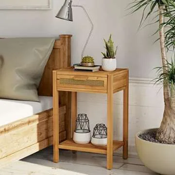 COZAYH Set of 2 Modern Minimalism Nightstand End Table Side Table with Woven Pattern Drawer and Shelf Storage, Rustic Farmhouse Style, Natural