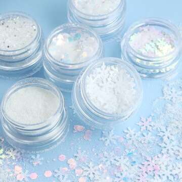 Snowflakes Nail Sequins White Nail Glitter Powder Winter Snowflakes Nail Art Flakes Powder Kit for A...