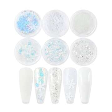 Snowflakes Nail Sequins White Nail Glitter Powder Winter Snowflakes Nail Art Flakes Powder Kit for Acrylic Christmas Nails Decorations DIY Sparkly False Nails Crafts (6 Jars)