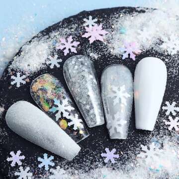 Snowflakes Nail Sequins White Nail Glitter Powder Winter Snowflakes Nail Art Flakes Powder Kit for Acrylic Christmas Nails Decorations DIY Sparkly False Nails Crafts (6 Jars)