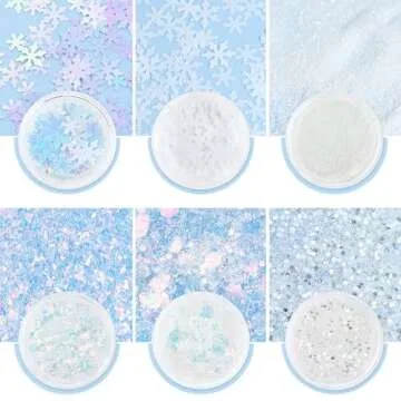 Snowflakes Nail Sequins White Nail Glitter Powder Winter Snowflakes Nail Art Flakes Powder Kit for Acrylic Christmas Nails Decorations DIY Sparkly False Nails Crafts (6 Jars)