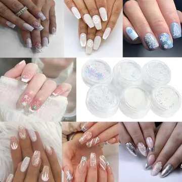 Snowflakes Nail Sequins White Nail Glitter Powder Winter Snowflakes Nail Art Flakes Powder Kit for Acrylic Christmas Nails Decorations DIY Sparkly False Nails Crafts (6 Jars)